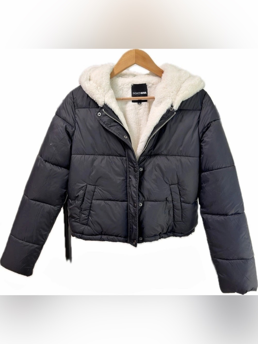 Fashion Nova Black Faux Fur Lined Hooded Puffer Jacket Size S Y2K Cropped